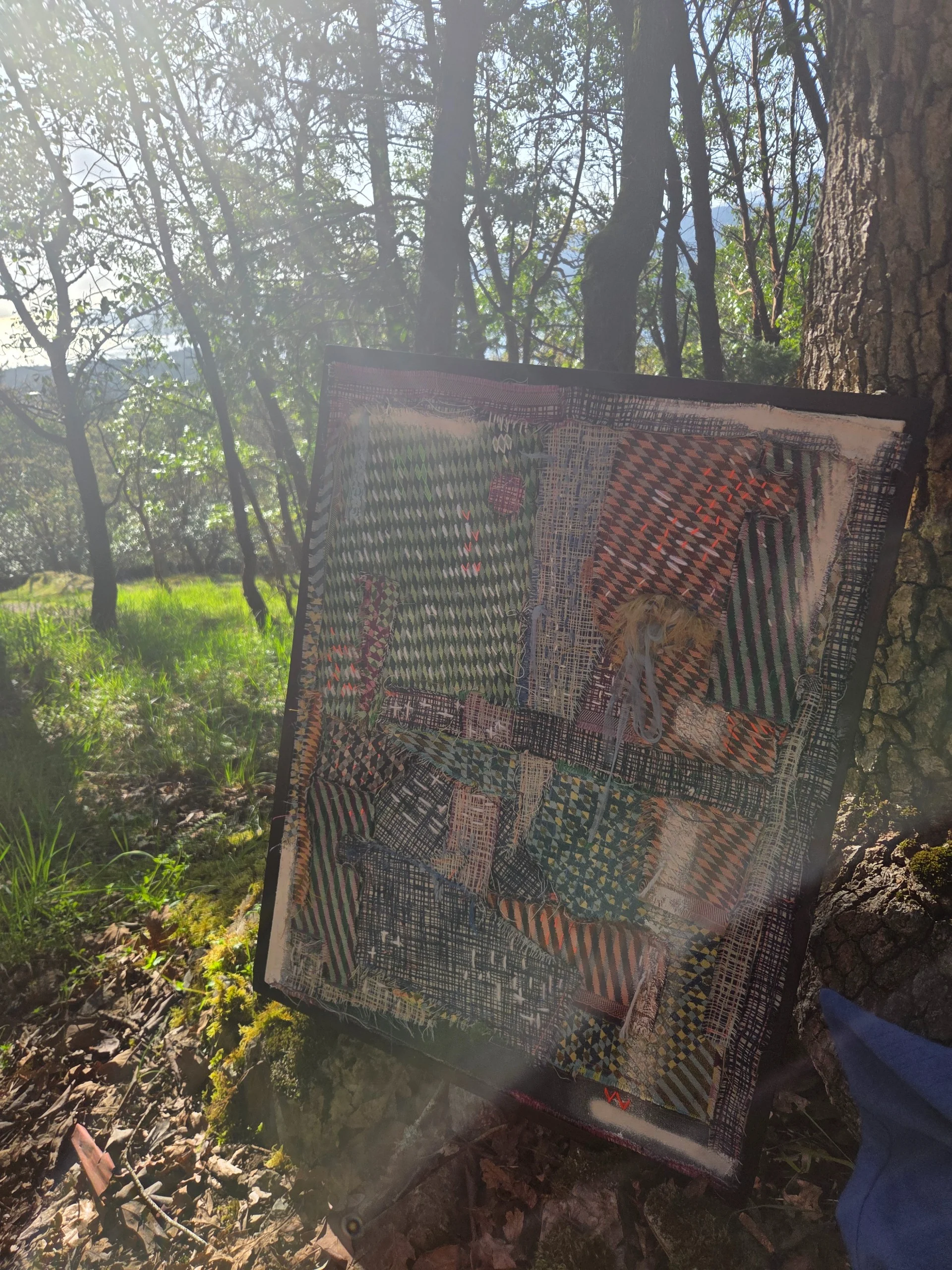 The artwork leaning against a tree in a sunlit forest