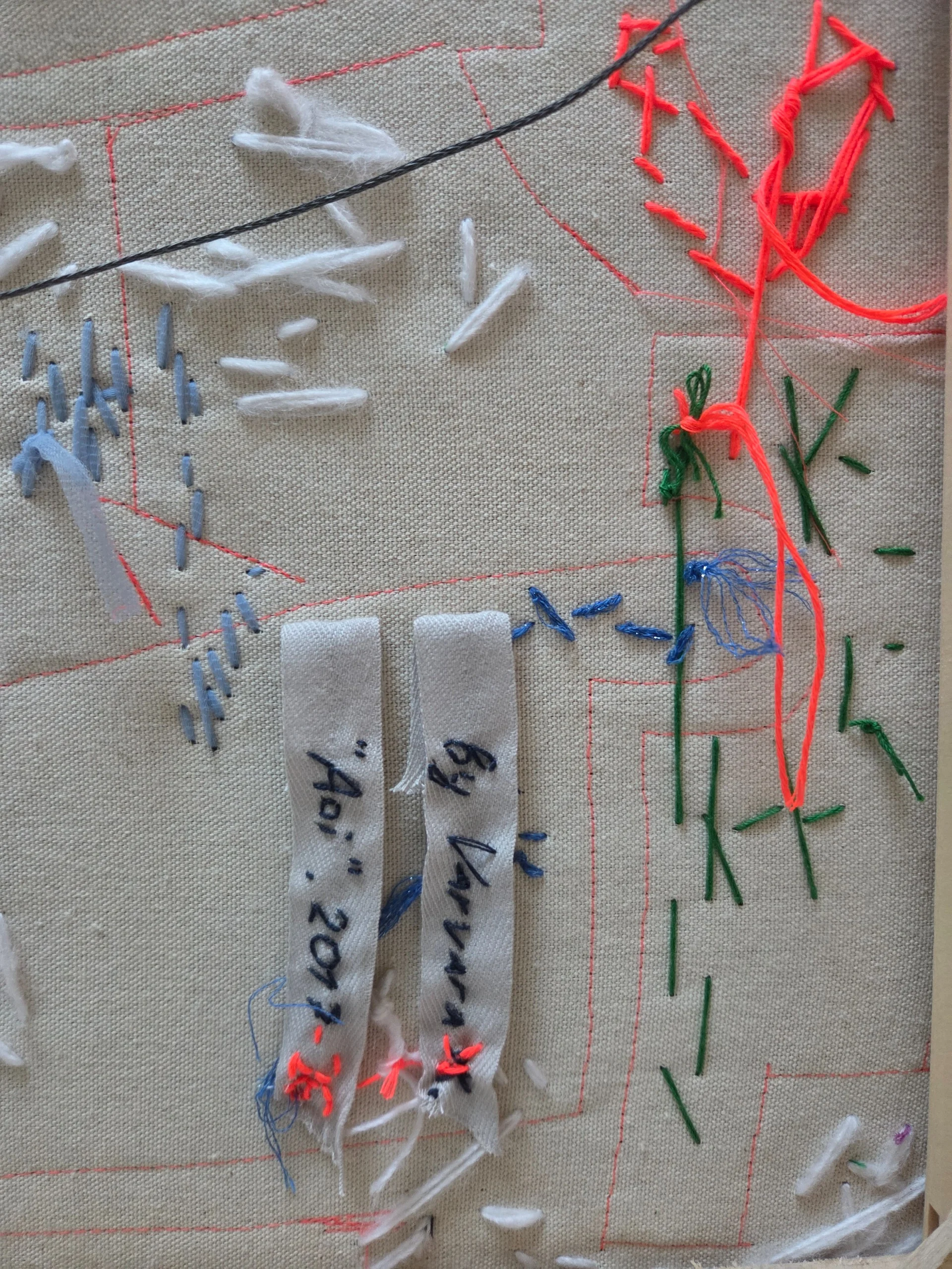 Two stitched fabric labels reading Aoi 2017–26 and by Varvara